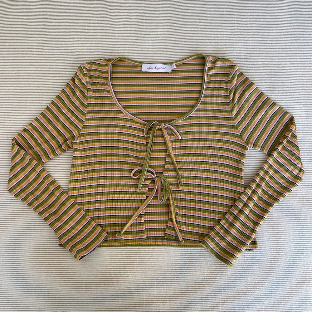 Lisa Says Gah Striped Tie Front Cropped Long Sleeve and Short Lounge Set